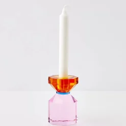 GigiandTom Bevel Crystal Taper Candle Holder Amber Pink